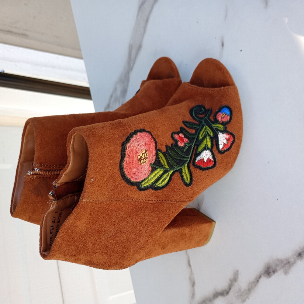 Embroidered Brown Suede Ankle Boots